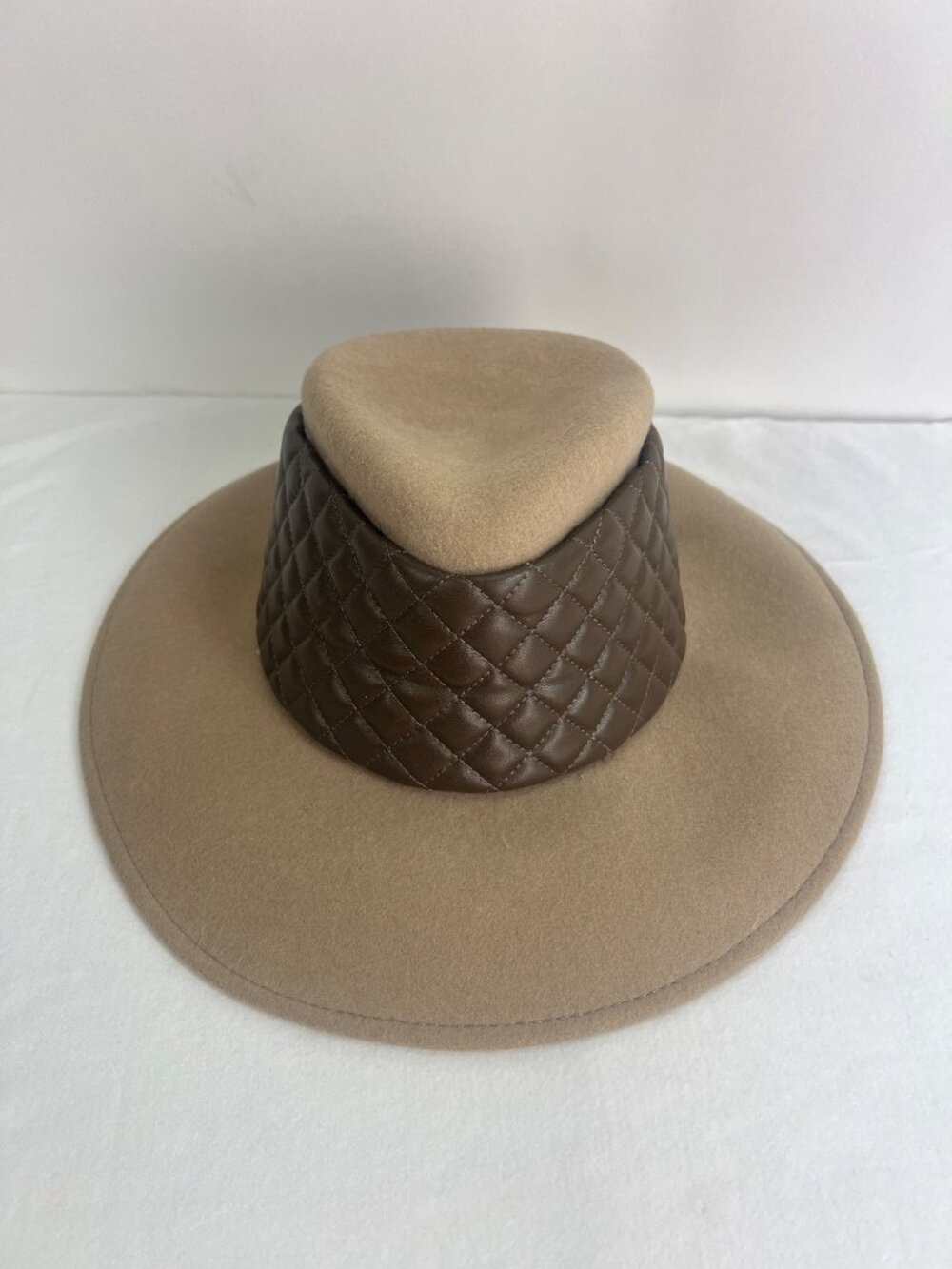 Eric Javits Quilty Fedora Hat Camel and Chocolate Brown quilted vegan leather ba